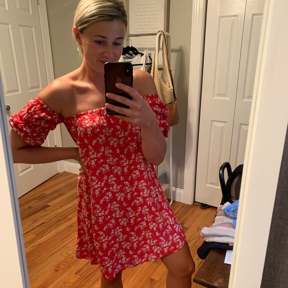 Strapless floral red dress